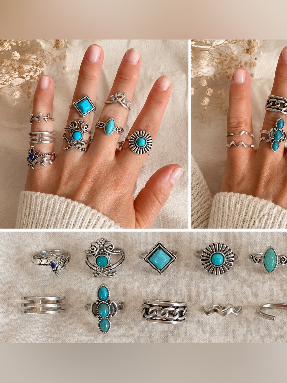Set of 12 stainless steal rings with simulated turquoise